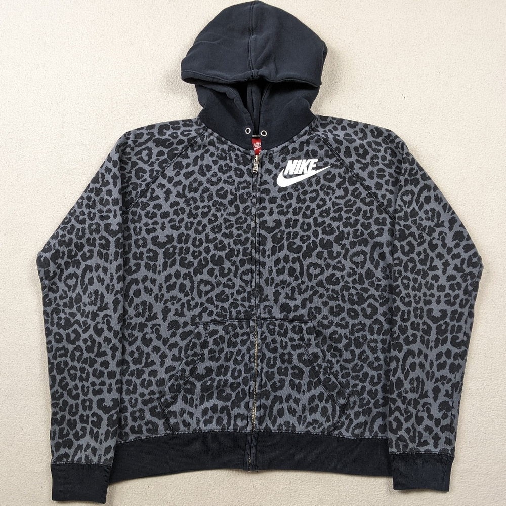 Nike Rally Cheetah Print Full Zip Fleece Hoodie Women's Size Large Gray/Black